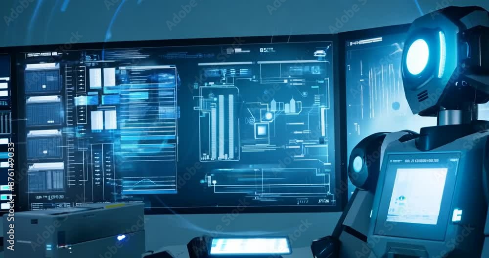 an AI-controlled robot in a digital environment analyzing data, blue mood an AI-controlled robot in a digital environment analyzing data, blue mood