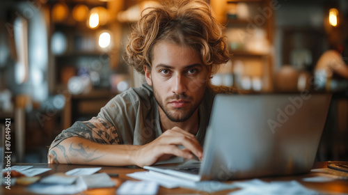 man working on laptop in cafe. A man with a beard and tattoos working at a table in a cafe, surrounded by paperwork. Small business owner. Entrepreneur.
