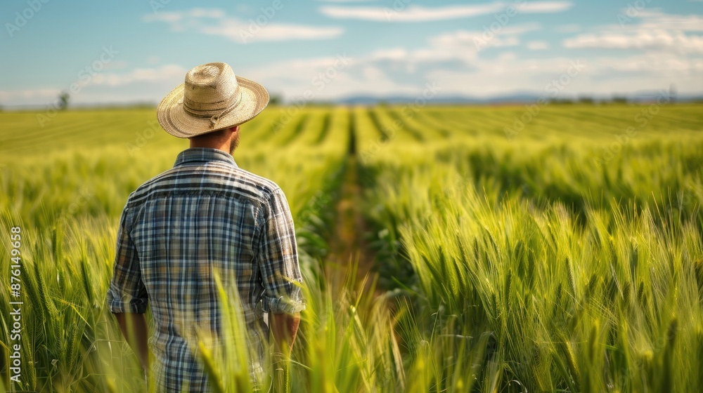 Farmer inspecting a lush green wheat field, representing sustainable agriculture practices and crop health. Farmer inspecting a lush green wheat field, representing sustainable agriculture practices and crop health.