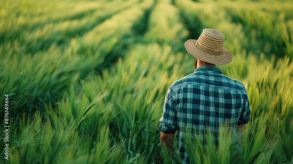 Farmer inspecting a lush green wheat field, representing sustainable agriculture practices and crop health. Farmer inspecting a lush green wheat field, representing sustainable agriculture practices and crop health.