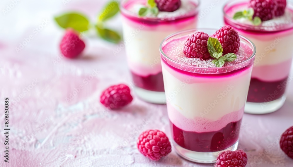 Raspberry Panna Cotta with Mint on Pink Bokeh Background, Copy Space Raspberry Panna Cotta with Mint on Pink Bokeh Background, Copy Space