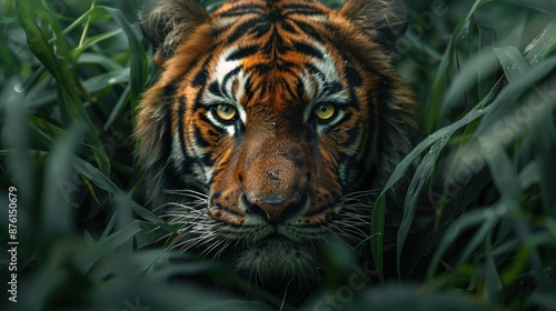 Fototapeta Naklejka Na Ścianę i Meble -  4K resolution image of a tiger hidden in tall grass.
