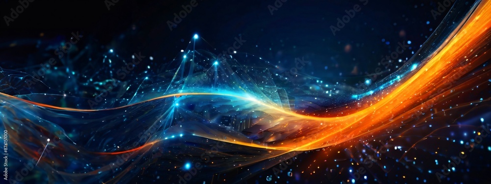 Fototapeta premium Digital science futuristic technology light rays stripes lines light background. AI generated, 3d Futuristic Cosmic Design. Technology Background. Visual Presentation on the Analysis of Big Data.