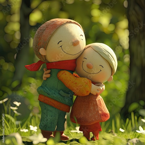 3D character hugging a friend in a park, expressing warmth and affection in a natural setting photo