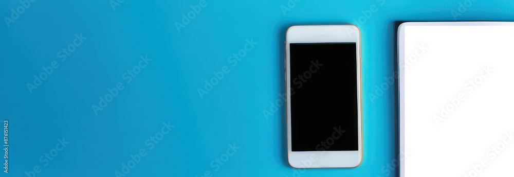 Banner modern office desk table with paper notebook, pen, smartphone with black screen, cup of coffee on blue background. Banner modern office desk table with paper notebook, pen, smartphone with black screen, cup of coffee on blue background.