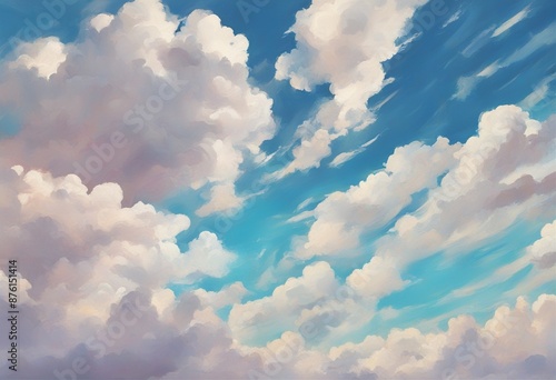 A cloudy blue sky with fluffy white clouds. The clouds are dispersed across the sky, dynamic and dramatic atmosphere. Watercolor style. 