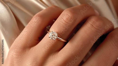 Elegance in Detail: Close-up of Woman's Hand Wearing Diamond Ring, Half Body View, Natural Beauty