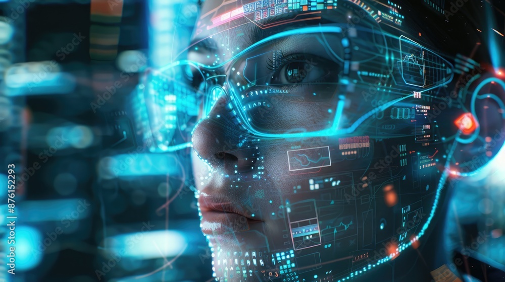 Augmented reality elements, such as virtual glasses and HUD interfaces, integrated into an AI-generated human face in a futuristic setting. AI human face Augmented reality elements, such as virtual glasses and HUD interfaces, integrated into an AI-generated human face in a futuristic setting. AI human face