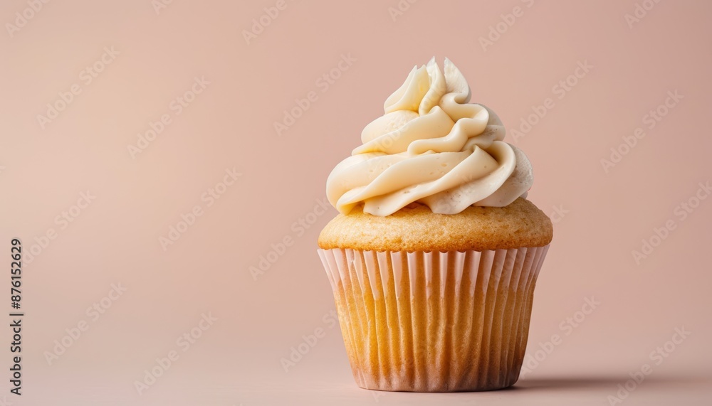 Classic Vanilla Cupcake with Swirled Frosting on Gradient Background, Elegant Dessert, Copy Space