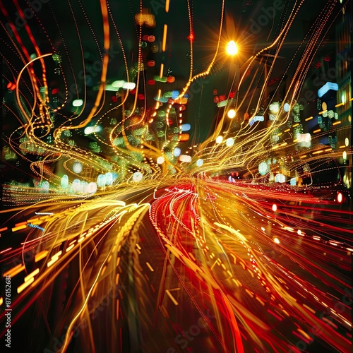 Abstract photograph of light trails and bokeh effects, capturing the beauty and chaos of city lights