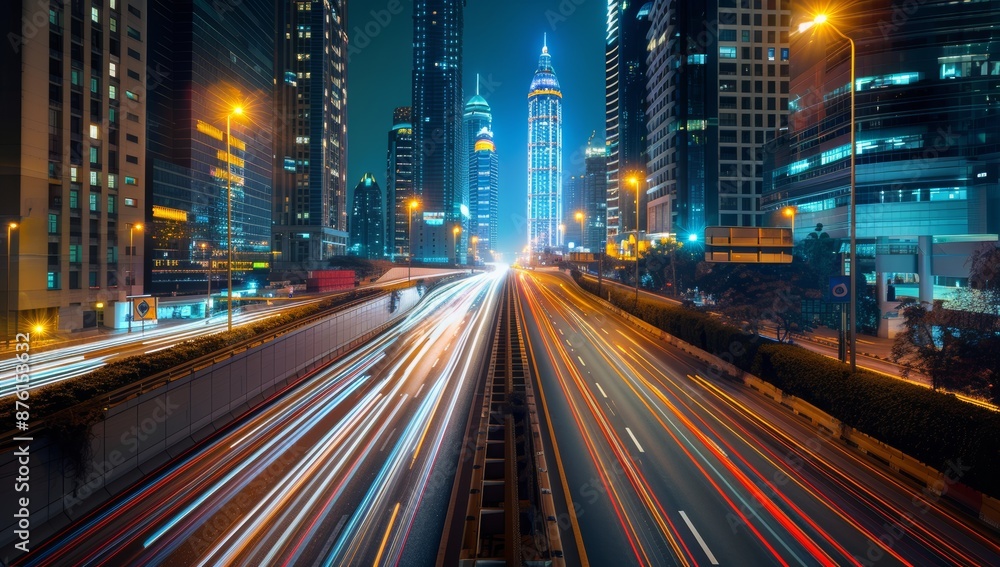 High-speed highway in the city, with tall buildings and street lights along it. Long exposure, Cityscape with Light Trails at Night High-speed highway in the city, with tall buildings and street lights along it. Long exposure, Cityscape with Light Trails at Night