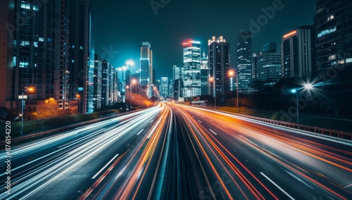 High-speed highway in the city, with tall buildings and street lights along it. Long exposure, Cityscape with Light Trails at Night