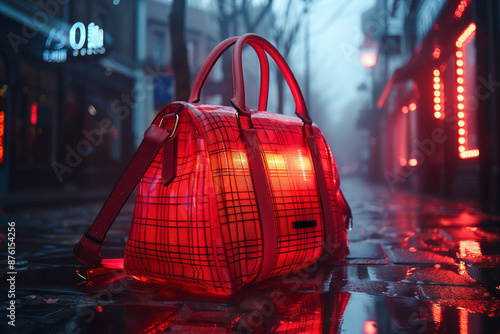Wallpaper Mural Red Illuminated Bag in Night Cityscape. A striking red illuminated bag placed on a wet street in a foggy night cityscape, surrounded by neon lights. Torontodigital.ca