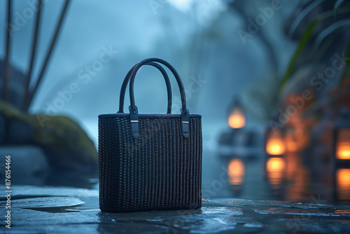 Wallpaper Mural Elegant Black Woven Bag by Candlelit Poolside. A stylish black woven bag placed by a serene poolside, illuminated by the warm glow of lanterns in a tranquil evening setting. Torontodigital.ca