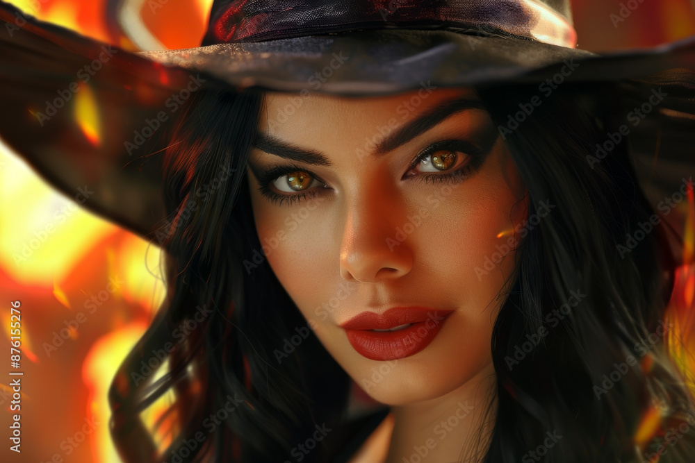 Close-up of a beautiful witch with mesmerizing eyes, set against a fiery background, embodying Halloween spirit. Close-up of a beautiful witch with mesmerizing eyes, set against a fiery background, embodying Halloween spirit.