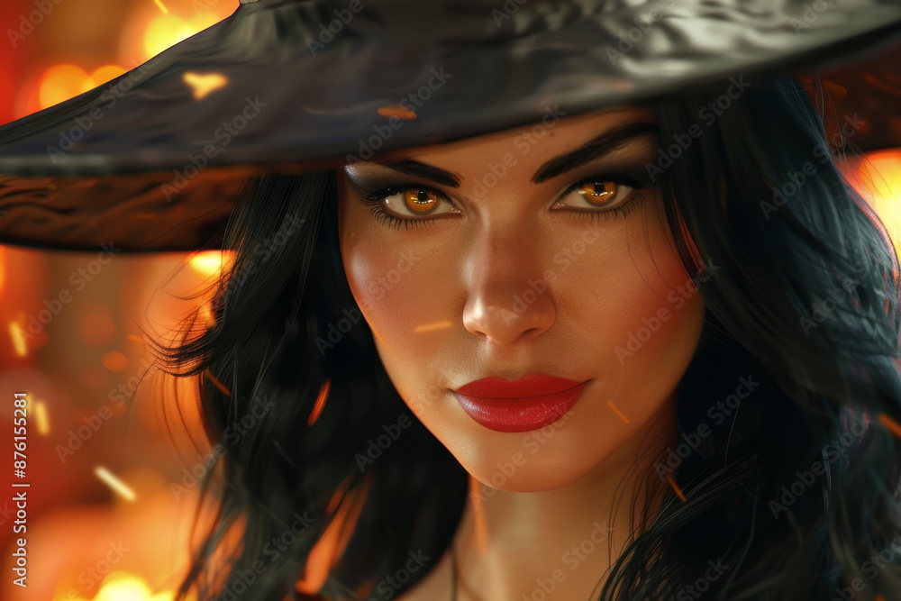 Close-up of a beautiful witch with mesmerizing eyes, set against a fiery background, embodying Halloween spirit. Close-up of a beautiful witch with mesmerizing eyes, set against a fiery background, embodying Halloween spirit.
