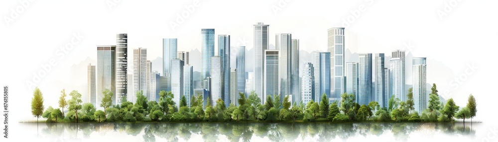 Modern cityscape with skyscrapers and green surroundings reflected in water, showcasing urban development and nature integration. Modern cityscape with skyscrapers and green surroundings reflected in water, showcasing urban development and nature integration.
