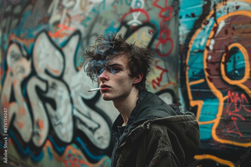 Obraz premium Edgy Urban Portrait of a Young Man Smoking Against Vibrant Graffiti Wall