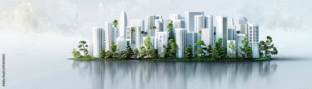 Obraz premium Futuristic cityscape blending nature and urban life, sleek skyscrapers surrounded by greenery, reflecting the balance of eco-friendly architecture.