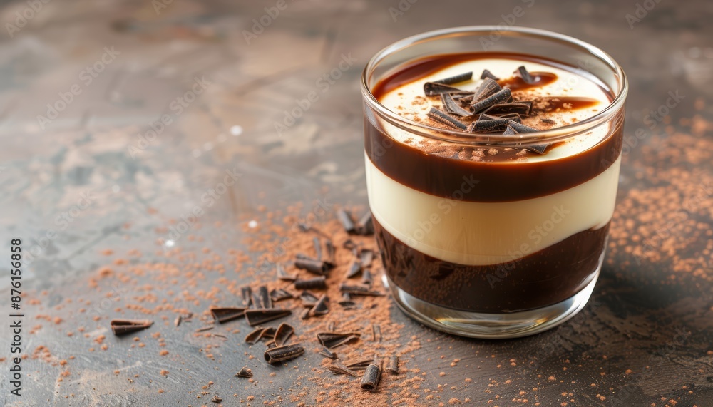 Chocolate Panna Cotta with Shavings on Gradient Background, Copy Space Chocolate Panna Cotta with Shavings on Gradient Background, Copy Space