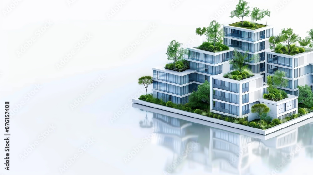 Naklejka premium Modern eco-friendly building with rooftop gardens on white background, reflecting architecture's green future and sustainable design.