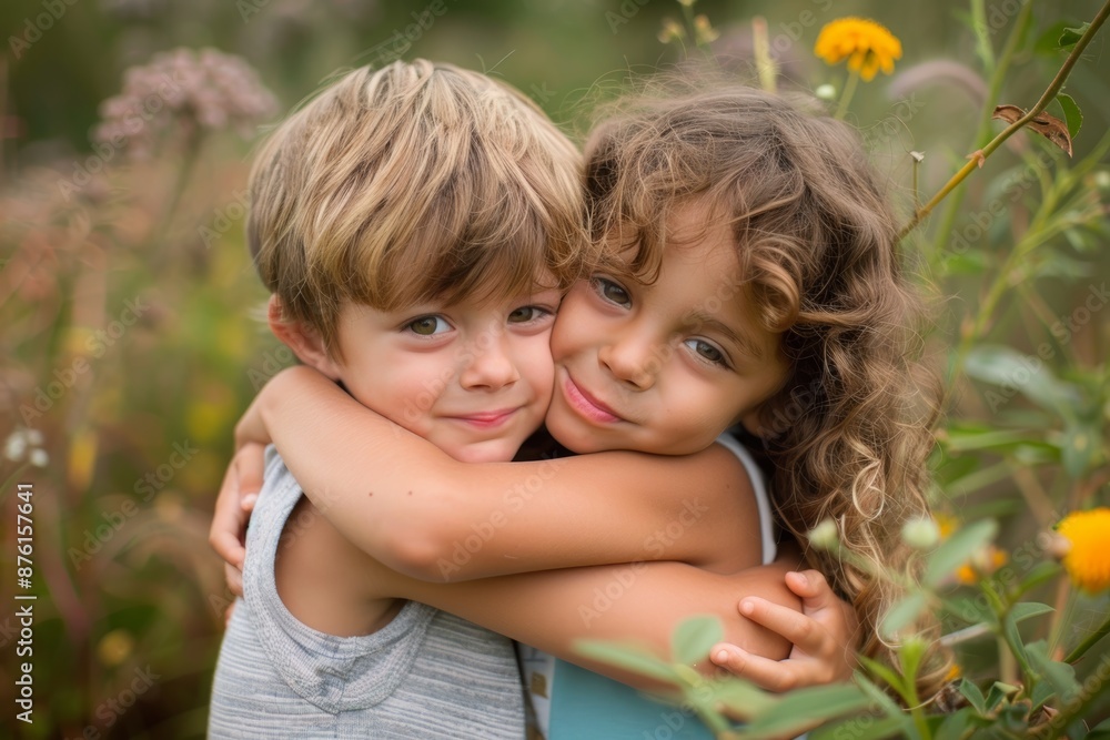 Heartfelt Hug Between Siblings in a Flower Field Showing Genuine Affection and Love Heartfelt Hug Between Siblings in a Flower Field Showing Genuine Affection and Love