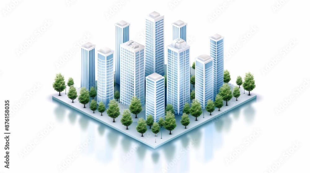 Isometric illustration of a modern cityscape with tall skyscrapers, surrounded by trees on a reflective surface. Isometric illustration of a modern cityscape with tall skyscrapers, surrounded by trees on a reflective surface.