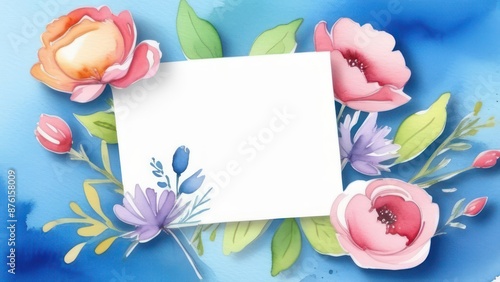 Greeting card with flowers on blue background. Happy Mother's Day, International Wonen's Day, Birthday, anniversary concept photo