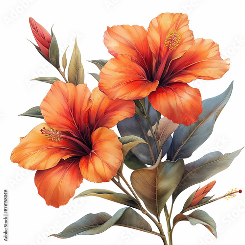 Wallpaper Mural Vibrant Orange Hibiscus Flowers with Leaves on White Background. Detailed view of vibrant orange hibiscus flowers with green leaves on a white background Torontodigital.ca