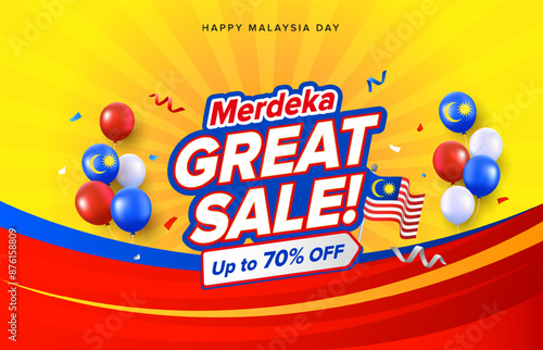 Malaysia Day or Hari Merdeka sale promotion with bright yellow curve background design. Malaysia National day vector illustration template with balloons, ribbons for cards, banner, poster, social medi