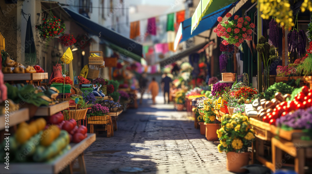 A vibrant street market scene, bustling with people, colorful stalls filled with fresh produce, flowers, and handmade crafts, evoking a lively, community atmosphere A vibrant street market scene, bustling with people, colorful stalls filled with fresh produce, flowers, and handmade crafts, evoking a lively, community atmosphere