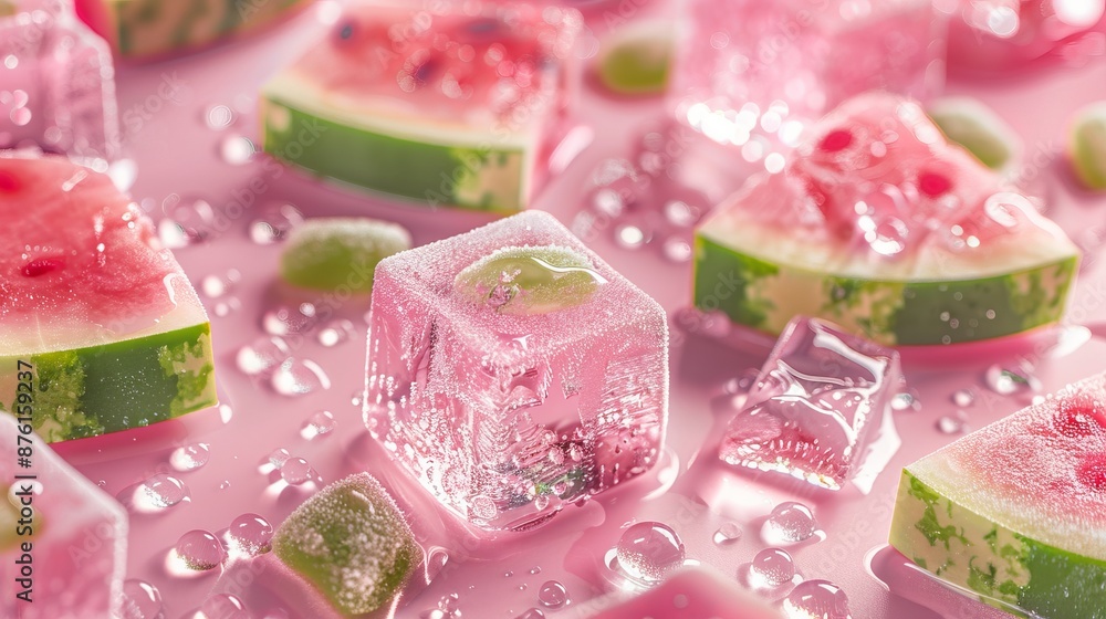 Watermelon and Ice Cubes on Pink Background Watermelon and Ice Cubes on Pink Background