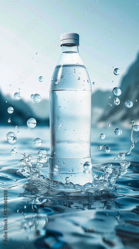 A bottle of water is shown in a splash of water A bottle of water is shown in a splash of water