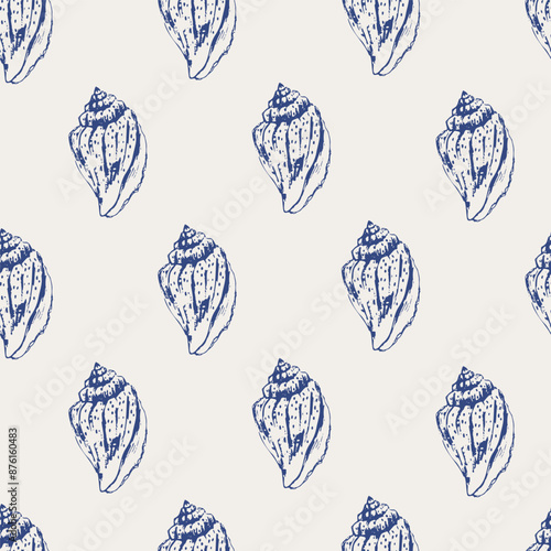 Vector sea animals seamless pattern. Sea shells in blue on white.