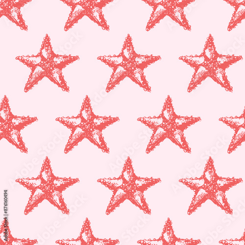 Vector sea animals seamless pattern. Starfish in red on white.