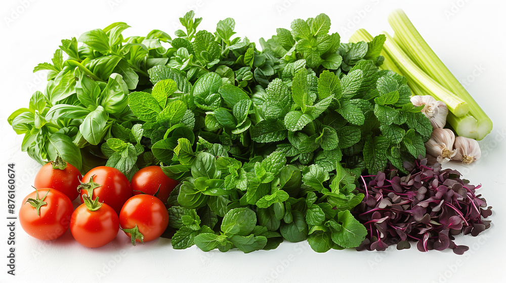 A variety of vegetables and herbs are displayed on a white background A variety of vegetables and herbs are displayed on a white background