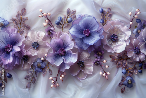 Wallpaper Mural Intricate Floral Embroidery on Sheer Fabric. Detailed view of intricate floral embroidery in pink and blue on sheer fabric Torontodigital.ca