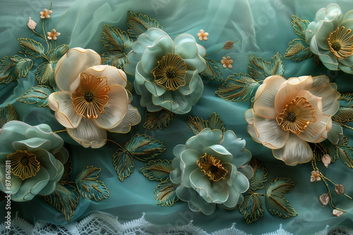 Wallpaper Mural Elegant White Floral Embroidery on Sheer Green Fabric. Detailed view of elegant white floral embroidery on sheer green fabric with delicate leaves Torontodigital.ca