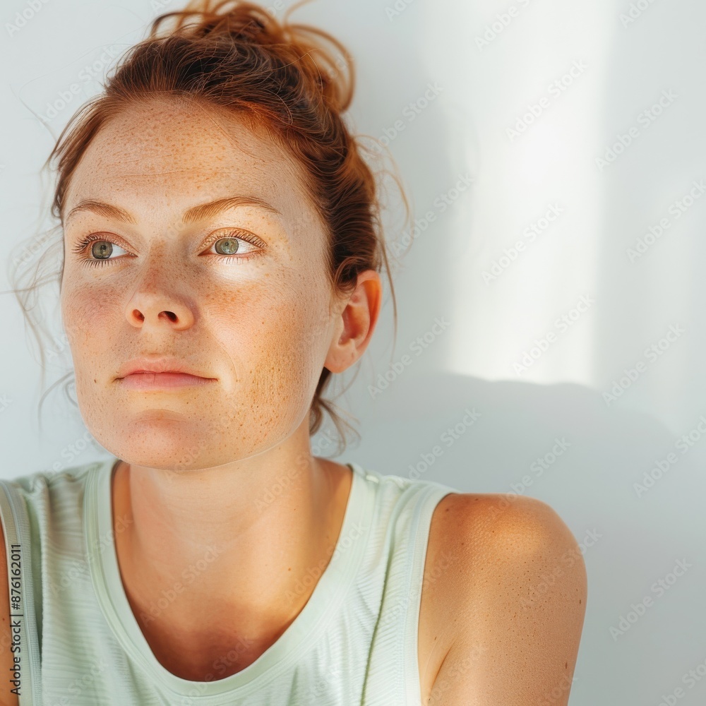 A woman in a half-body view, with visible arms, basking in natural light, highlighting her skin's radiance. The background is isolated on a white background in a high-resolution photographic style. A woman in a half-body view, with visible arms, basking in natural light, highlighting her skin's radiance. The background is isolated on a white background in a high-resolution photographic style.