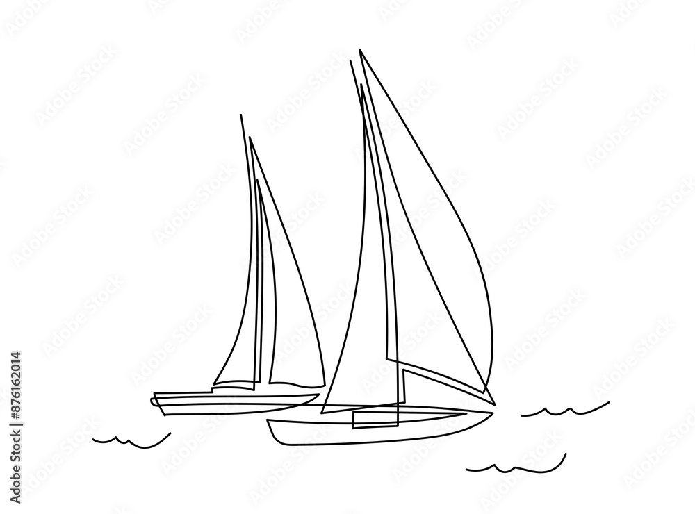 Yachts on sea waves. Seagull in the sky. Continuous line drawing illustration. Isolated on white background Yachts on sea waves. Seagull in the sky. Continuous line drawing illustration. Isolated on white background