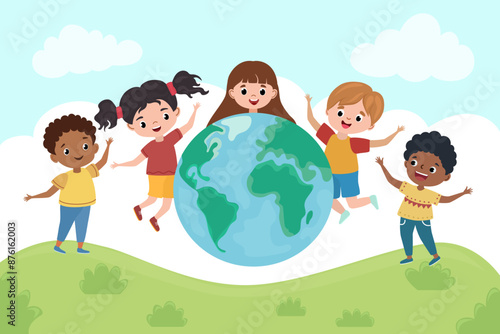 Happy children jumping with a globe. Concept of peace, childhood, education, ecology.