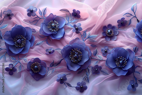 Wallpaper Mural Intricate Floral Embroidery on Sheer Fabric. Detailed view of intricate floral embroidery in pink and blue on sheer fabric Torontodigital.ca