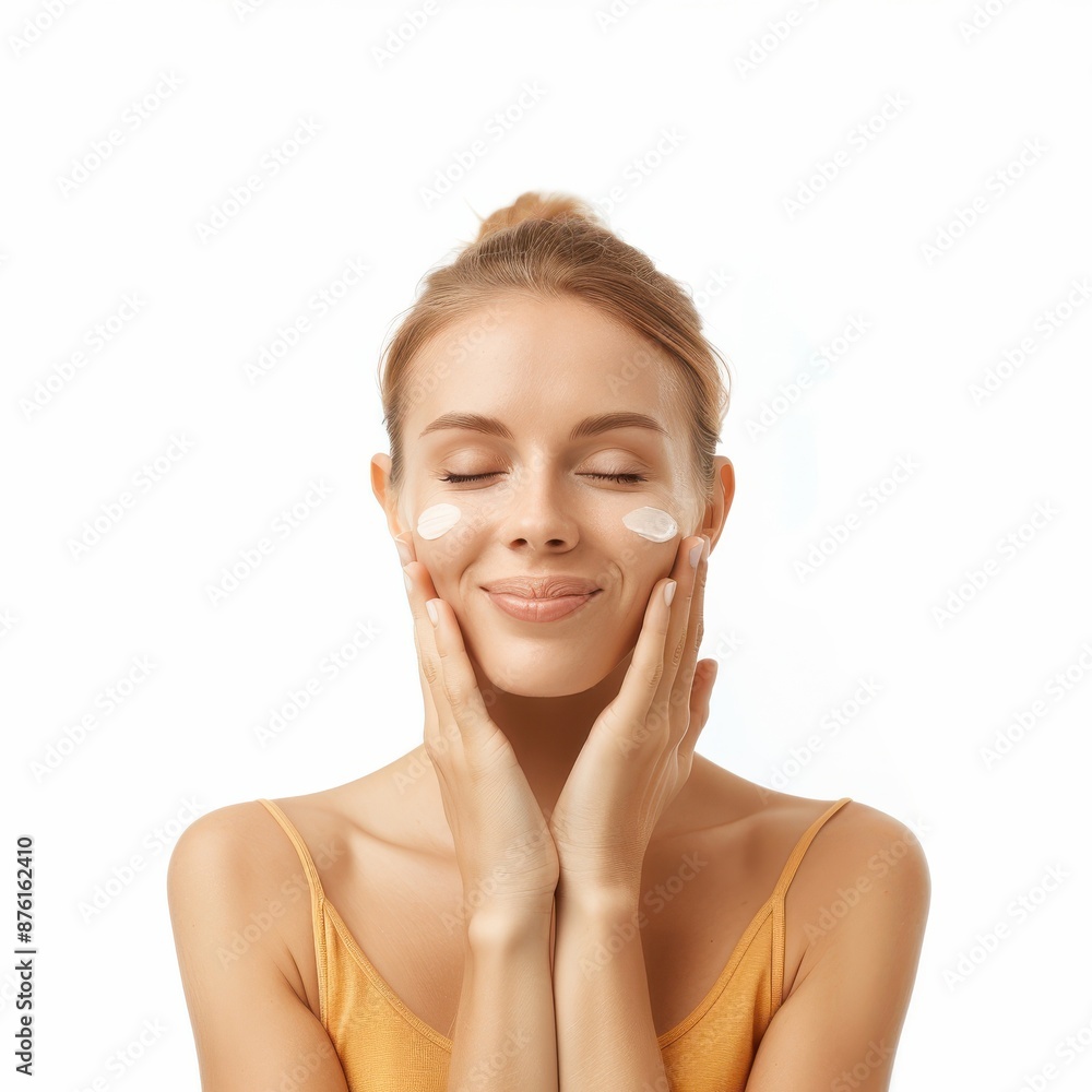 A woman in a half-body view, with visible arms, gently applying a soothing cream to her face. The background is isolated on a white background in a high-resolution photographic style. A woman in a half-body view, with visible arms, gently applying a soothing cream to her face. The background is isolated on a white background in a high-resolution photographic style.