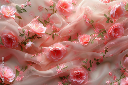 Wallpaper Mural Delicate Pink Floral Embroidery on Sheer Fabric. Detailed view of delicate pink floral embroidery on sheer fabric with three-dimensional flower accents Torontodigital.ca