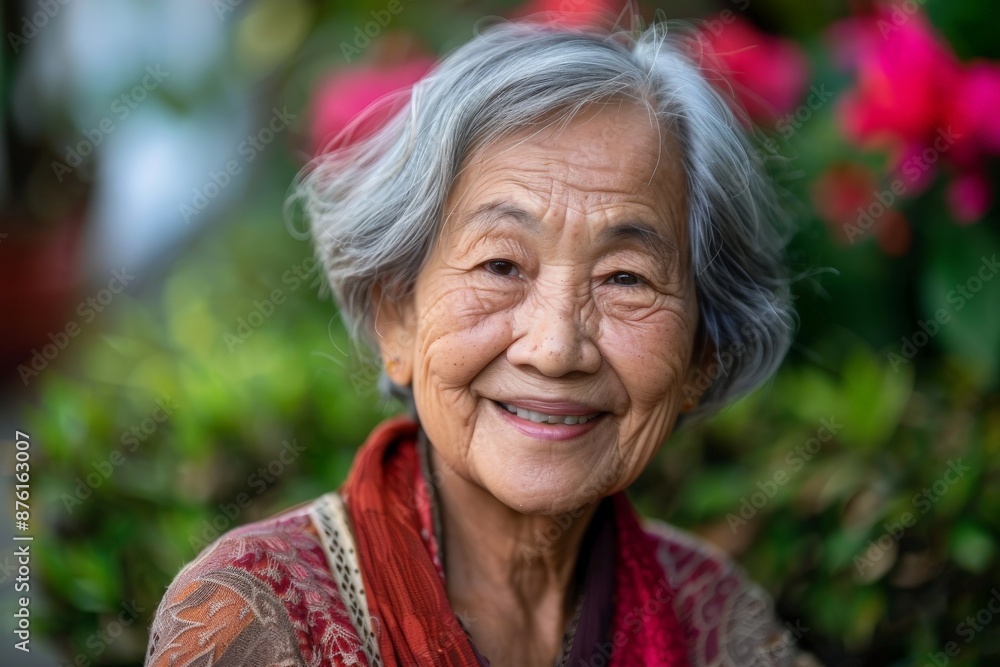 An elderly woman smiles brightly while surrounded by lush garden scenery, showcasing a moment of peacefulness and joy in nature, rich with colorful flowers and greenery. An elderly woman smiles brightly while surrounded by lush garden scenery, showcasing a moment of peacefulness and joy in nature, rich with colorful flowers and greenery.