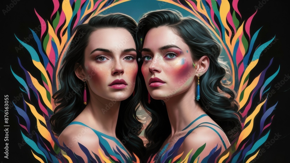 Obraz premium Two women with dark hair and blue eyes are shown in a colorful frame, AI