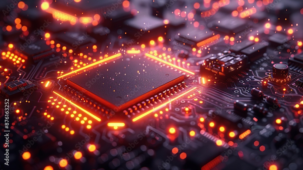 Glowing Microchip on Circuit Board Glowing Microchip on Circuit Board