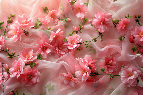 Wallpaper Mural Delicate Pink Floral Embroidery on Sheer Fabric. Detailed view of delicate pink floral embroidery on sheer fabric with three-dimensional flower accents Torontodigital.ca