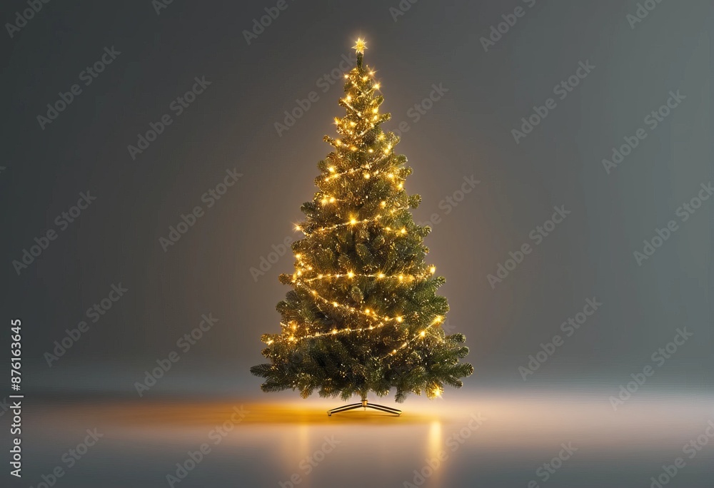 Shimmering Christmas tree with golden lights on grey background. A New Year's card with a place for the text. Shimmering Christmas tree with golden lights on grey background. A New Year's card with a place for the text.