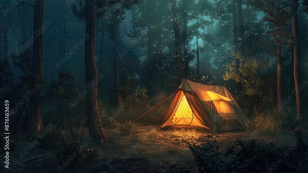 Tent illuminated from within against a dark forest background, creating a magical and inviting camping scene Tent illuminated from within against a dark forest background, creating a magical and inviting camping scene